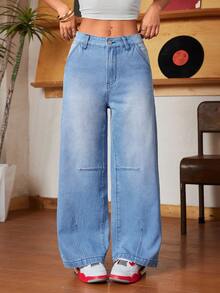 Casual Elegant Gradient Color American Street Style Denim Straight Leg Jeans With Pockets & Zipper Closure, Suitable For Everyday Wear, All Seasons Spring - Light Wash - View 5