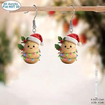 2 piezas Pendientes navideños planos 2D de patata linda, adecuados para que las mujeres usen durante la Navidad, regalo de Navidad perfecto