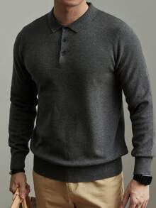 ALTZTAR Suéter tipo polo de manga larga de punto de unicolor para hombre, casual para otoño/invierno - Gris - Ver 2