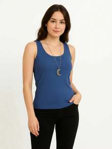 Cotton Ribbed Racerback Tank Top - ビックブルー - チェックする 2