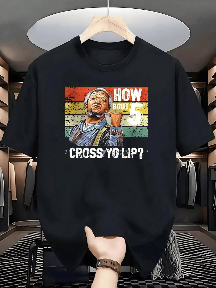 Graphic With A Man Raising His Hand In A Warning Sign Over Colored Stripes That Convey A Message Of Self-Defense And A Firm Attitude. 100% Cotton Men's T-Shirt, Comfortable And Durable For Daily Use. - 黑色 - 查看 1