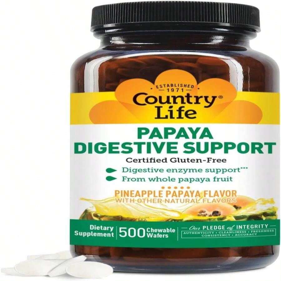Country Life Chewable Papaya Enzymes For Digestion Support - Natural Pineapple &Amp; Papaya Flavor, Assists With Nutrient Absorption, Contains Papain &Amp; Protease - 200 And 500 Wafers Available - Flavor NameD - 查看 1