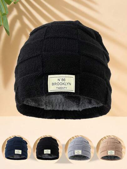 1pc Unisex Winter Warm Fleece Lined N86 Logo Knit Beanie Hat, Fashionable Outdoor Casual Versatile Accessory Winter Head Warmer