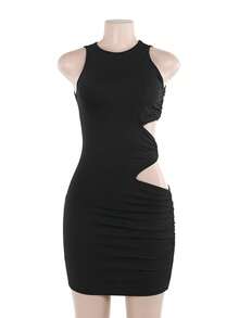 女士纯色圆领无袖修身性感镂空包臀裙