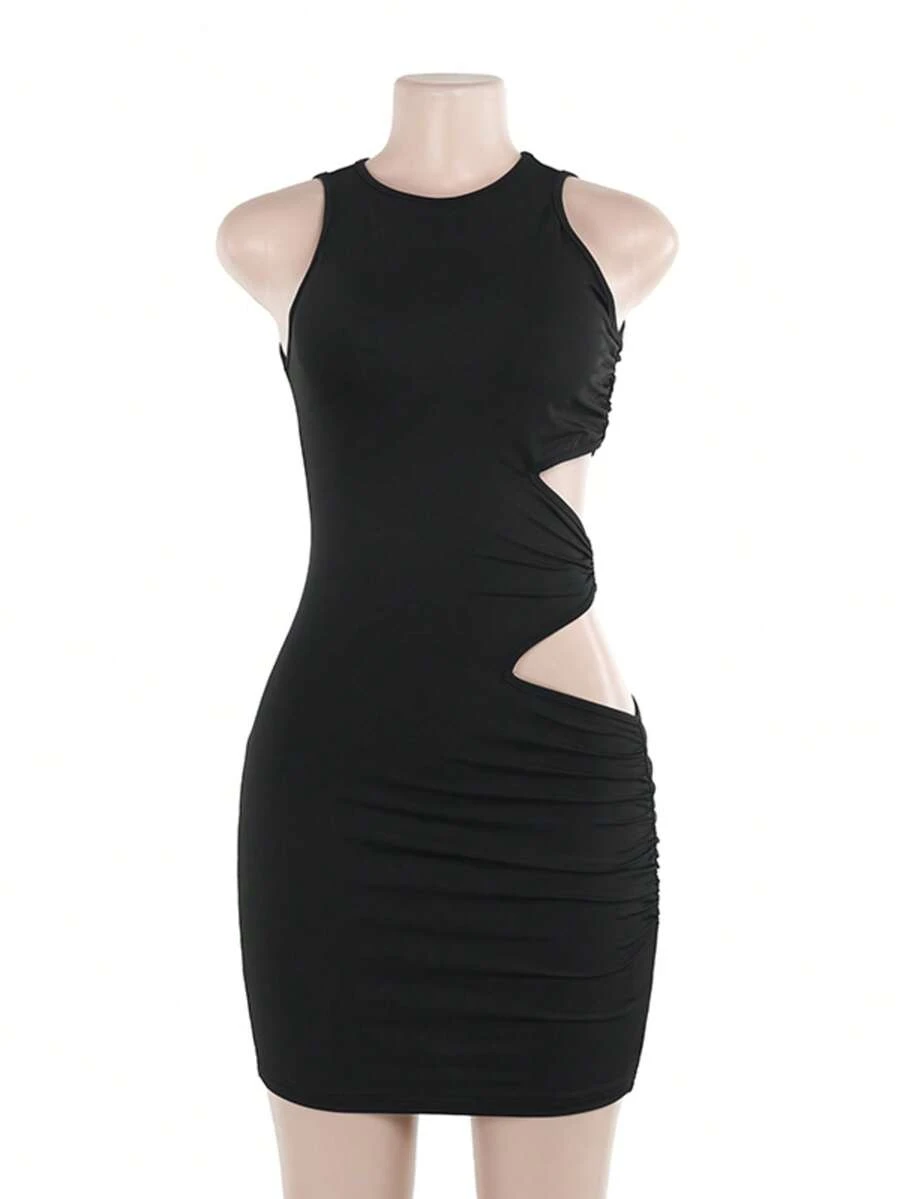 女士纯色圆领无袖修身性感镂空包臀裙