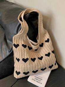 Época de Regresso às Aulas, Bolsa de Compras Tricotada Minimalista de Grande Capacidade com Decoração de Coração para Mulher, Mala de Mão Casual e Mala de Viagem, Carteira de Coração, Combinação Perfeita para Vestido do Dia dos Namorados, Mala de Praia Chamativa, Mala de Praia para Primavera Verão Outono Inverno, Adequada para Uso Casual Diário e Férias na Praia - Caqui - Ver 6