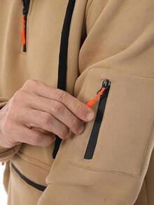 Sudadera deportiva con capucha y cierre para hombre, de manga larga, con capucha y bolsillos - Caqui - Ver 9