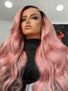 Ombre Pink With Dark Roots 13x4x1 Lace Front Wigs Human Hair Body Wave Human Hair Wigs For Women T Part Wig Human Hair Natural Hairline 250 Density Pink Colored Water Wave Wig Natural Looking - 根染&漸變色 - 查看 3