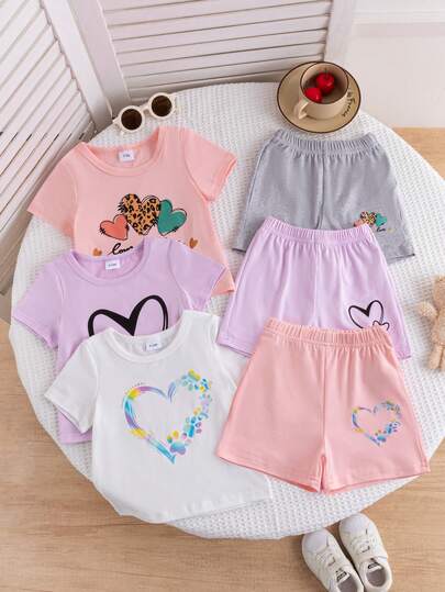 3 件套女婴可爱心形和字母印花短袖上衣和配套心形印花短裤套装，适合通勤、上学、日常、度假、户外