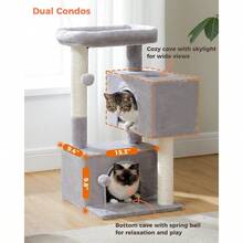32" Cat Tree Tower For Indoor Cats - 2 Cozy Condos, Multi-Level Cat Scratching Posts With Sisal, Soft Padded Perch, 2 Dangling Toys, Light Grey - 灰色 - 查看 5