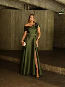 Women's Long Party Dress One Shoulder Bow Slit Zibeline Parties Bridesmaid Wedding Luxurious - Army Green - View 1