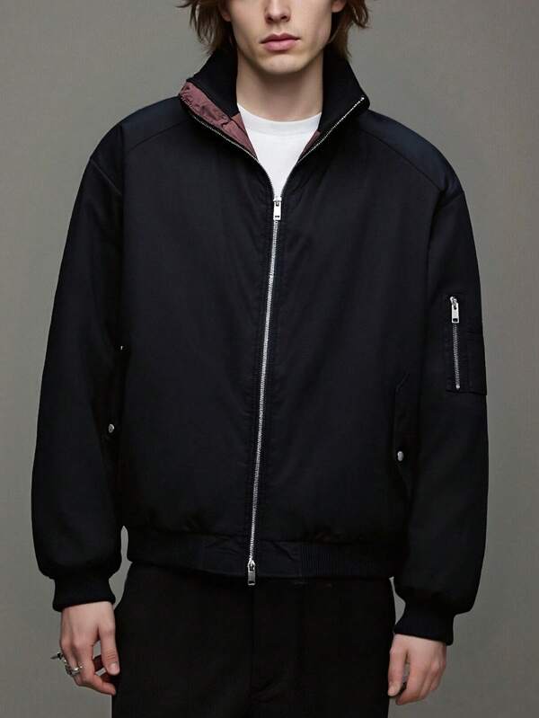 Chaqueta de cuello alto para hombre, abrigo acolchado grueso, cortavientos minimalista de unicolor de moda para invierno