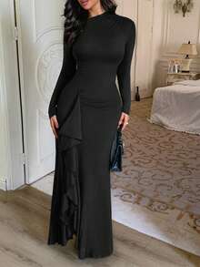 Women's Autumn Dress, Long Sleeve, Oblique Collar, Spaghetti Strap, Waist Cinched, Ruffle Hem, Asymmetric Slit, Elegant Style, Suitable For Vacation, Outing, Date, Party, And Back To School Season - Black - View 10