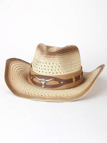 1 pieza Sombrero de paja tipo Panamá casual y bohemio con bloques de color, protección UV y a prueba de viento, versátil para hombres y mujeres, para todas las estaciones