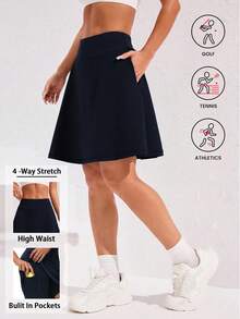 2-In-1 Mid-Length Tenis Para Mujer Skirt, High Waist 20'' Knee Length Golf Skorts With Inner Shorts Pockets, Quick Drying Sport Yoga Fitness Skirts, Ropa Deportiva Mujer - Navy Blue - View 9