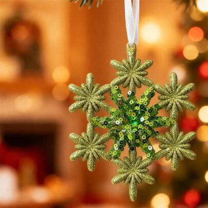 Christmas Decorative Green Reindeer Ornaments, Cute Glitter Sequin Snowflake Christmas Tree Hanging Decors