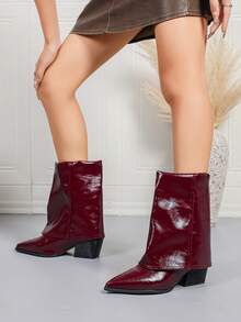 女士时尚靴子，新款秋季亮面PU尖头优雅踝靴，黑色粗跟套脚踝靴，酒红色舒适低跟派对靴，简约秋季靴，ins风靴子 - 酒紅色 - 查看 6