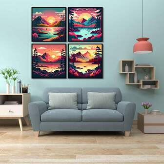 4pcs DIY Digital Oil Painting Kit, Suitable For Beginners, Frameless (8x8 Inches/20x20CM), Home Room Decor Art Craft, Ideal For Family Gatherings, Stress Relief, Improve Hands-On Ability, Great Gift For Birthday, Mother's Day, Father's Day, Christmas