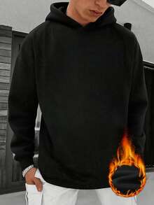 GRDR Men's Casual Street Hooded Sweatshirt, Solid Color With Thermal Lining, Loose Fit, Autumn/Winter - Hitam - View 3