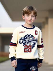 Set de 2 piezas: Sudadera con cuello redondo y estampado de letras casual + Pantalones con cordón para niños, conjunto de ropa deportiva de moda para adolescentes, primavera/otoño/invierno