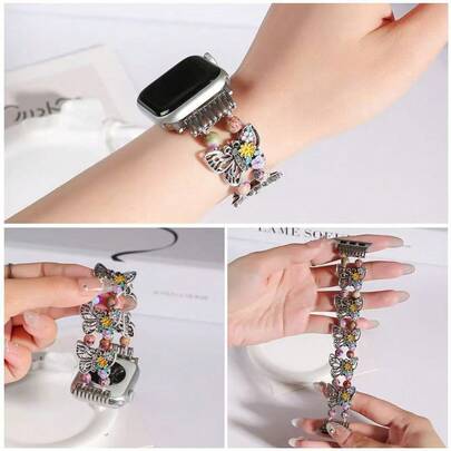 1PC Silver Elastic Butterfly Bead Bracelet Watch Bands Compatible With Apple Watch Series 10 Ultra 2 9 8 7 6 5 4 3 2 SE Elegant Retro Watch Band Compatible With Apple Watch 38/40/41/42/44/45/49MM