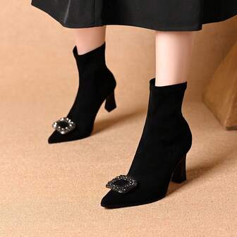 尖头水钻扣弹力袜靴，中跟，别致法式风格，秋冬
