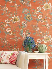 Vintage amerikanischer Landhausstil Orange Blumen Blatt Tapete, selbstklebendes Vlies Material, warme Schlafzimmer Wohnzimmer TV Hintergrund Wand Dekoration, Schrank Möbel Renovierung Aufkleber, romantische Hochzeitszimmer Tapete, dicke europäische Art