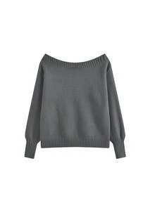 复古美式露肩长袖针织衫，宽松休闲露肩套头衫，秋冬春季款 - 深灰色 - 查看 5