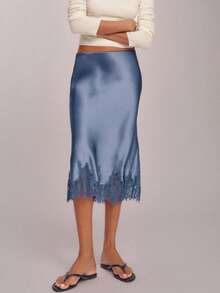 Women Silk Satin Half Slip Long Skirts Lace Patchwork Elastic Waist Long Skirt Elegant Silky Flowy A Line Midi Skirts - Màu xanh lam - Xem 4