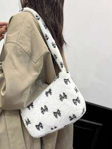 1 pezzo Borsa a spalla/sotto braccio elegante, versatile, di moda, con fiocco in peluche di colore solido, di grande capacità, adatta per l'uso quotidiano e il pendolarismo