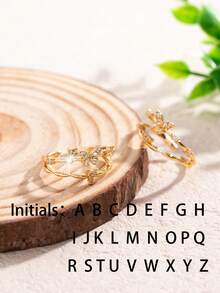 1pc Minimalist 26 Alphabet Letter Design Copper Paved Zirconia Stone Open Ring, Suitable For Women, Best Gift For Family And Friends