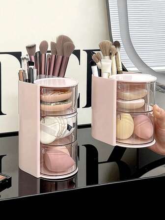 1pc Minimalist Rotating Makeup Organizer, Compact Desktop Makeup Sponge, Brush, Hair Tie, Clip Storage Box, Suitable For Travel, Beach, Bathroom, Bedroom, Large Capacity Design