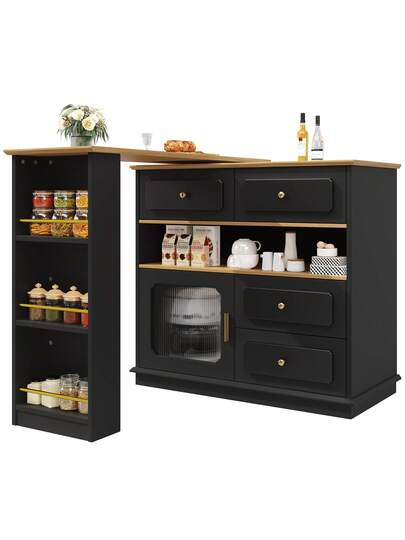 Moderne Bar Tafel Extendable, Rotatable 360 Degrees, Shelves Drawers, High Kitchen Isl Sideboard Cabinet Glass, Dining Room Living view 9