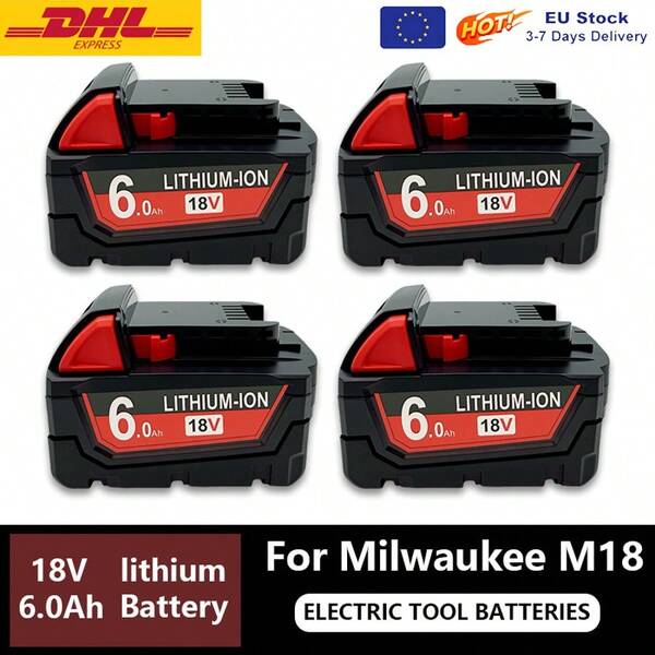 4Pack Ersatz für Milwaukee M-18 18V-6.0Ah, Werkstattakku, Akku ohne Kabel, Leichte Stromquelle, Ergonomischer Griff, Lithium-Ionen-Technologie, Wiederaufladbarer Akku, Akkuersatz, Akkupack, Akkuersatz