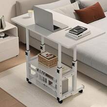 White/Multifunctional Desk On Wheels - Height-Adjustable Rolling Desk With Storage Shelves, Space-Saving Wood And Metal Frame, Compact Fiberboard Desktop For Home Office, Bedroom, Living Room, Sofa, Study - 白色 - 查看 2