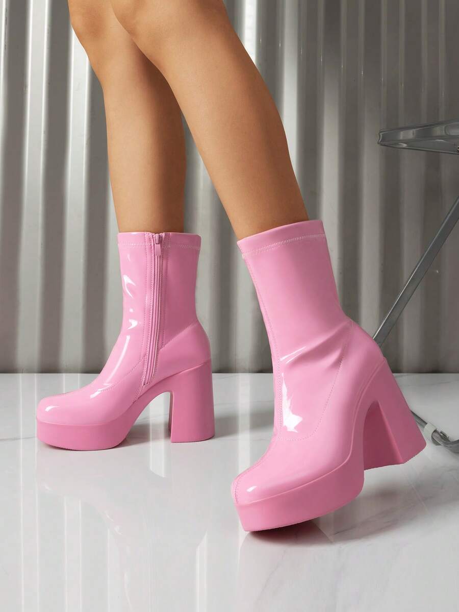 Women's Chunky Platform Ankle Boot High Block Heels Square Toe Lightweight Comfort Party Dress Booties Shoes For Women Women's Chunky Platform Ankle Boot High Block Heels Square Toe Lightweight Comfort Party Dress Booties Shoes For Women - 粉色 - 查看 1