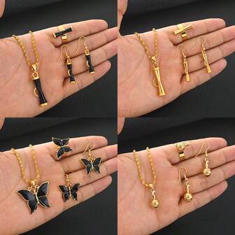 3 件金色经典首饰套装，耳环、戒指、项链组合，巴布亚新几内亚优雅女士日常/派对/节日礼物