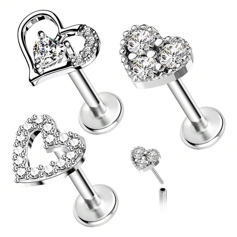 2~4 piezas 16G 316L Anillos de labio Empuje Mariposa y Abeja Anillos de nariz Empuje superior Anillos de nariz sin rosca de acero quirúrgico de espalda plana Pendientes para mujeres{"Color_name":"Plata3piezascorazón" - 3 corazones de plata - Ver 1