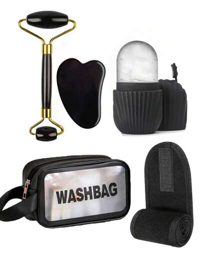Ensemble de rouleau de massage facial à glace, comprenant un moule à glaçons en silicone, un bandeau de nettoyage facial, un sac de rangement transparent en PVC, un rouleau de massage et une planche à racler