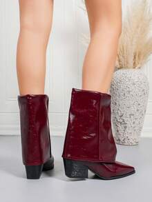 女士时尚靴子，新款秋季亮面PU尖头优雅踝靴，黑色粗跟套脚踝靴，酒红色舒适低跟派对靴，简约秋季靴，ins风靴子 - 酒紅色 - 查看 4