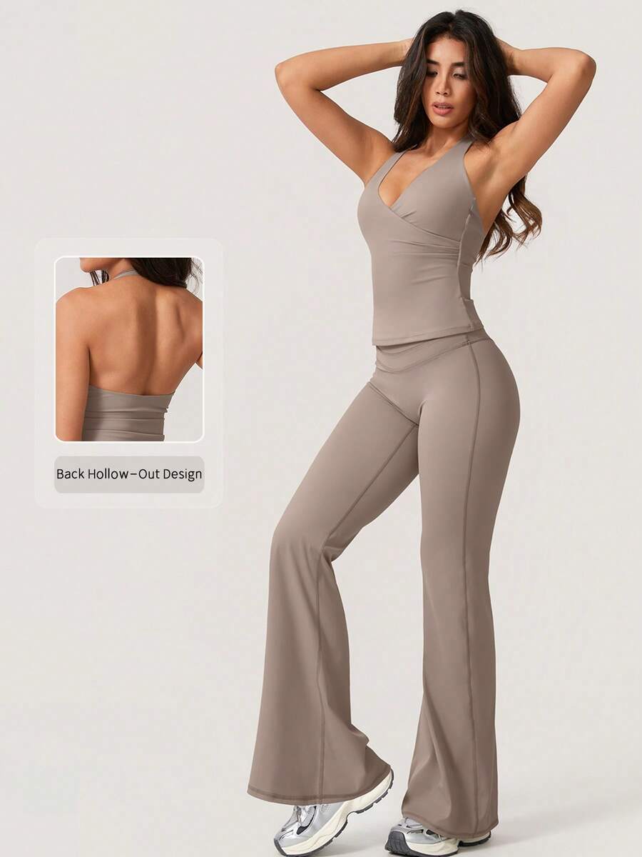 NcmRyu 1 Set Women's Sexy Halter Deep V-Neck Backless Shaping Flared Sports Suit - Grey - View 1