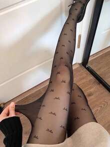 1双女士透明蝴蝶结连裤袜，百搭轻便，时尚设计，适合青少年，可搭配正装和休闲装，秋冬季穿着。 - 黑色 - 查看 3