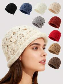 1pc Women's Fashion Hollow-Out Solid Color Lace Trim Handmade Crochet Knit Beanie Hat, Suitable For Autumn/Winter Warmth And Daily Wear - Multicolor - View 12