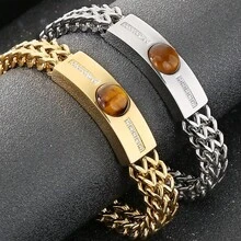 Classic Men's Bracelet With Tiger Eye Stone 12MM Width Gold Color Stainless Steel Link Chain Man Bracelets Jewelry Accessory - 銀色 - 查看 2