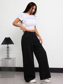 1 قطعة سراويل جينز نسائية فضفاضة واسعة الساق، بأسلوب الشارع الأمريكي الكاجوال المريح، متعددة الاستخدامات لجميع المواسم (الحزام/الاكسسوارات غير مشمولة) - الأسود - مشاهدة 5