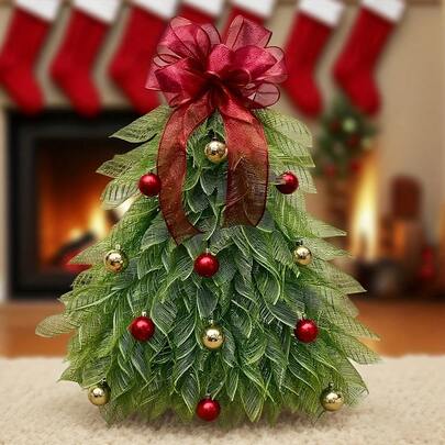 Corona de Navidad grande y elegante, estilo artesanal - para colgar en la puerta, de plástico resistente con nudos verdes y rojos, bolas doradas/rojas brillantes, ramas con puntas doradas - decoración interior o exterior para el Día del Padre