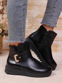 Autumn/Winter Thermal-Lined Short Boots, Non-Slip Mother Shoes, Flat Heel Mid-Calf Warm Black Boots For Women - Black - View 5