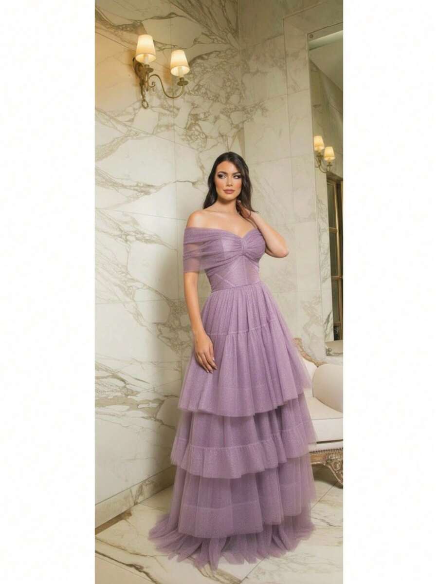 Vestido Longo Fora do Ombro e Saia em Cascata Perfeito para Casamento - Lilás - Visão 1