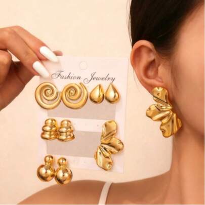 5 أزواج من أقراط الأذن المرصعة بتصميم هندسي بسيط من الأوراق والقطرات المائية، مجموعة مجوهرات عصرية وكاجوال للنساء