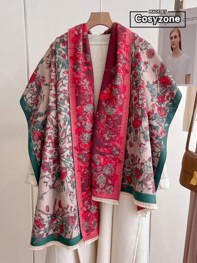 1 件优雅花卉植物图案提花仿羊绒保暖围巾/披肩，百搭女士款，适合秋冬季，日常搭配和装饰